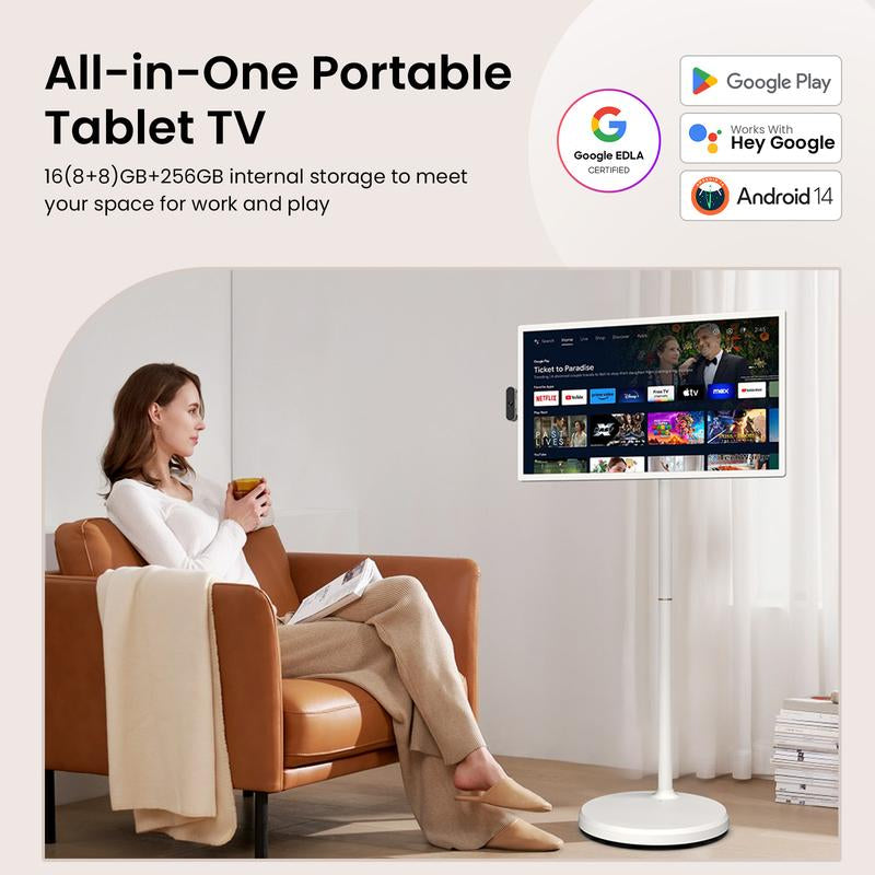 【2025 Apolosign Gen 2 Portable TV】32 Inch True 4K UHD Portable Smart TV, 16GB(8+8)RAM+256GB Storage, Android 14, Touch Screen Monitor, 8MP Camera, Voice Remote Control, Built-In 6 Hrs Battery, Wifi 6, Support Google Calendar, Full Swivel Rotation