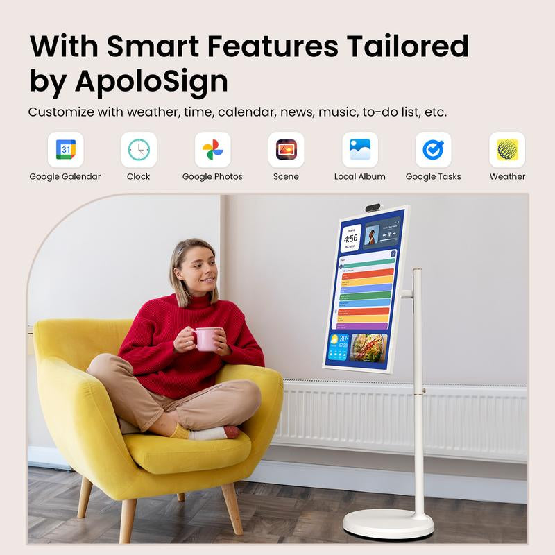【2025 Apolosign Gen 2 Portable TV】32 Inch True 4K UHD Portable Smart TV, 16GB(8+8)RAM+256GB Storage, Android 14, Touch Screen Monitor, 8MP Camera, Voice Remote Control, Built-In 6 Hrs Battery, Wifi 6, Support Google Calendar, Full Swivel Rotation