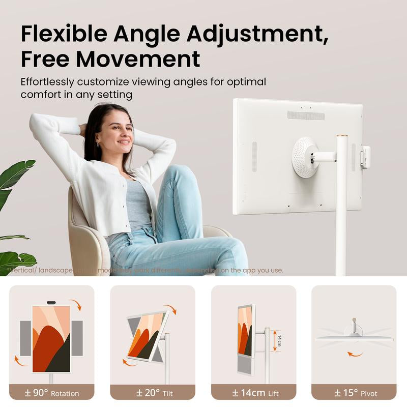 【2025 Apolosign Gen 2 Portable TV】32 Inch True 4K UHD Portable Smart TV, 16GB(8+8)RAM+256GB Storage, Android 14, Touch Screen Monitor, 8MP Camera, Voice Remote Control, Built-In 6 Hrs Battery, Wifi 6, Support Google Calendar, Full Swivel Rotation